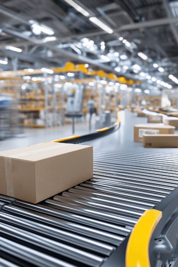 Parcels travelling along a conveyor in the Pro FS fulfilment centre
