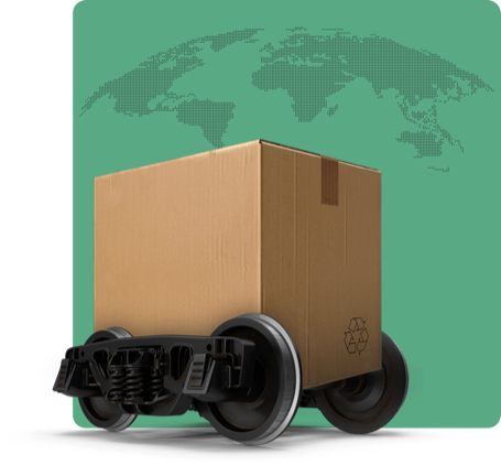 A cardboard parcel on train wheels over a world map