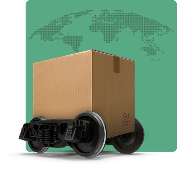 A cardboard parcel on train wheels over a world map