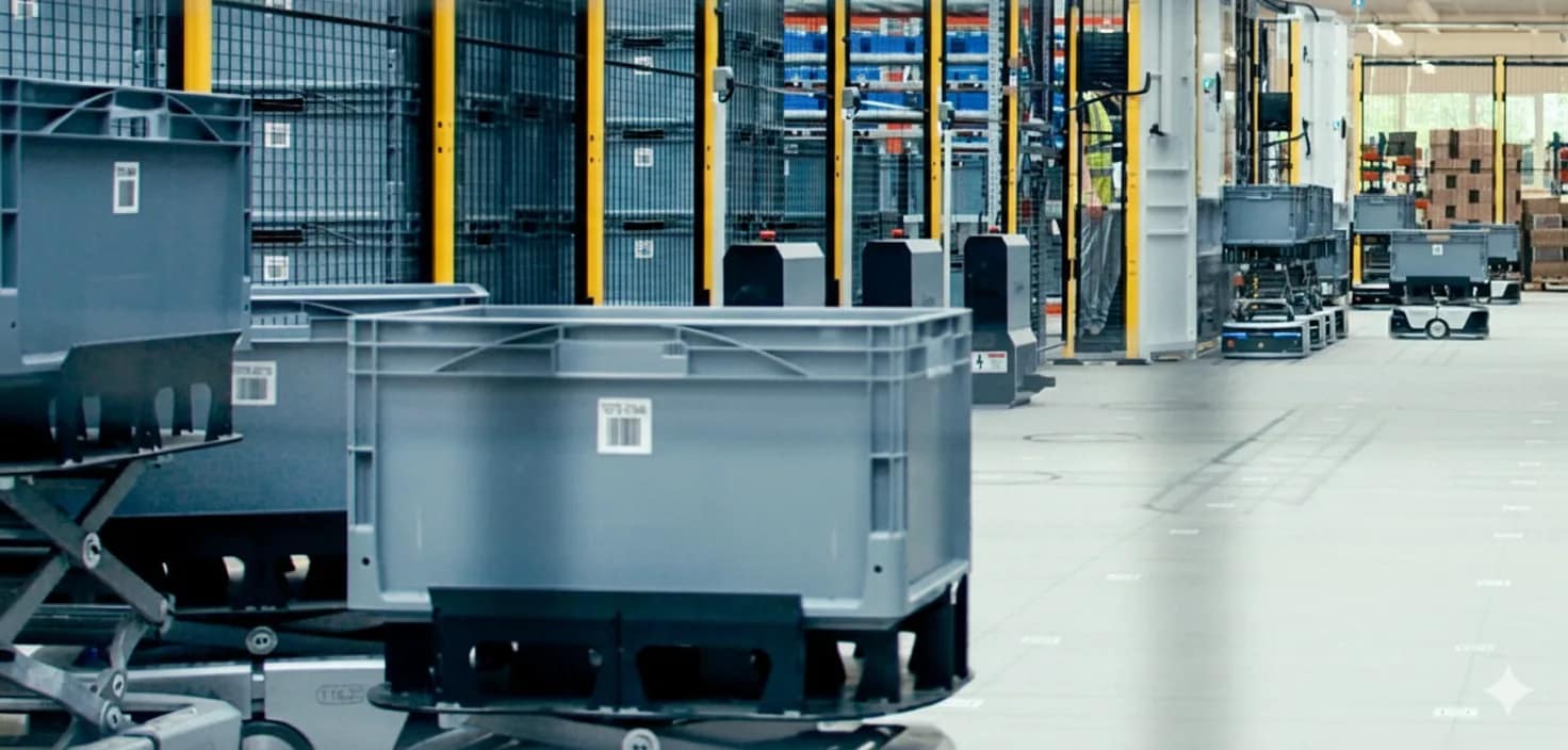 Grey storage totes carried by floor robots past the fenced racking of an automated warehouse