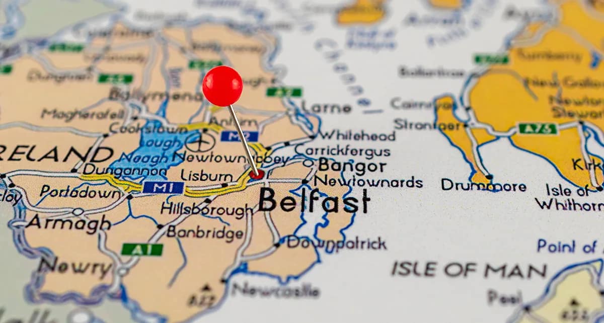 Red location pin placed on map of Northern Ireland showing region