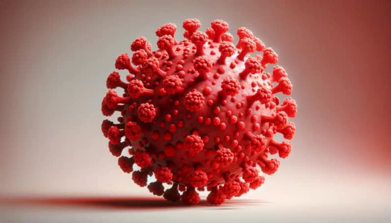 Illustration of coronavirus particles with red spikes on dark background
