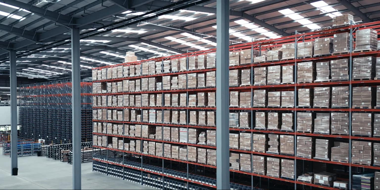 Huge modern 3PL warehousing facility with rows of dock doors and parking