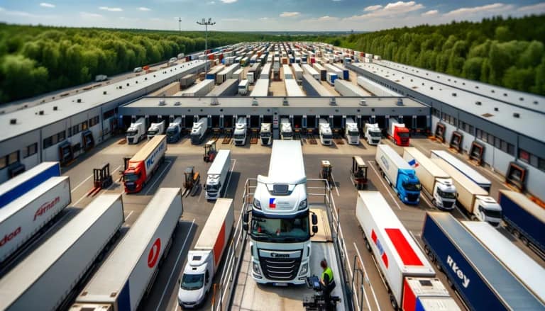 International trade scene showing containers and freight handling at port