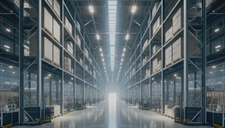 State‑of‑the‑art logistics warehouse interior with pallet racking and robotics