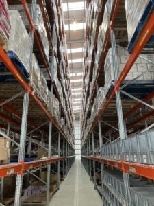 Racks of modern storage in a 3PL warehousing facility.