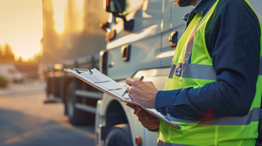 Staff member from a third party fulfilment company writing on a clipboard while monitoring a shipment of goods.