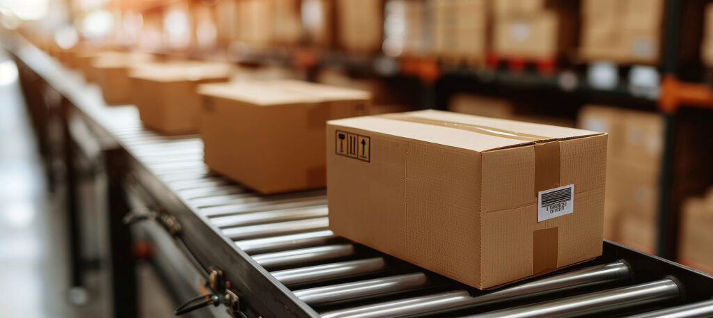 Cardboard boxes travelling down a conveyor belt in a modern, automated, e-commerce fulfilment services, company.