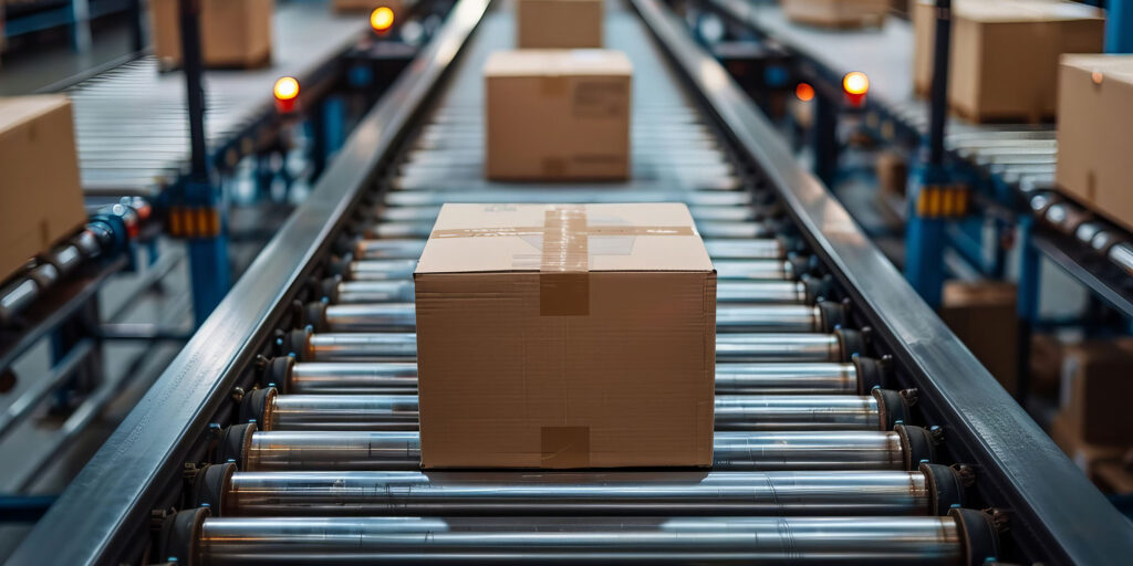 Parcels moving through an automated conveyor system in a modern 3PL logistics company